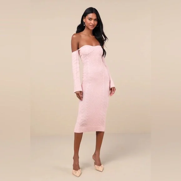 Lulus Cuddly Element Light Pink Cable Knit Off-the-shoulder Midi Dress - Size M - Picture 5 of 5